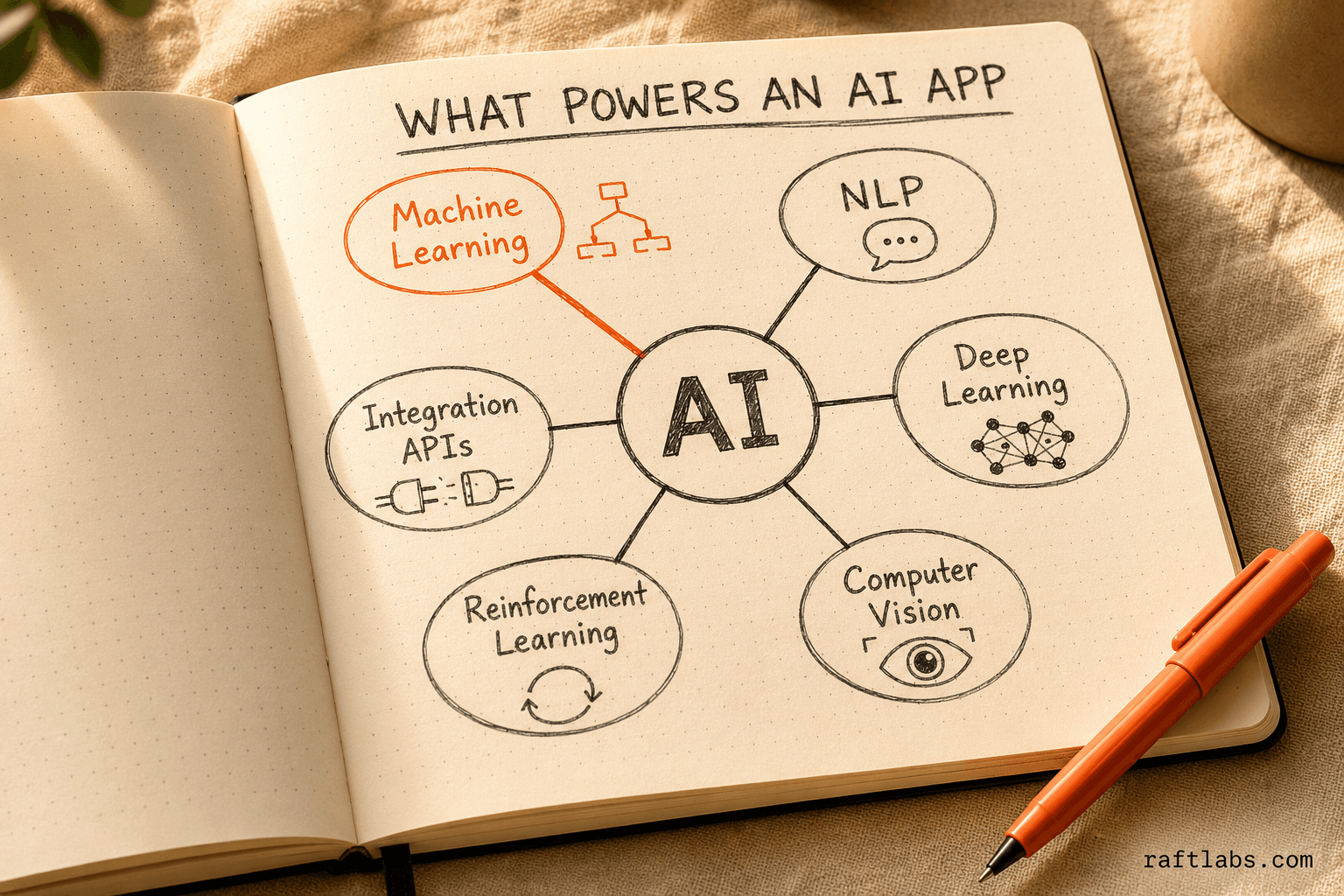 Six core AI technologies: ML, NLP, Deep Learning, Computer Vision, Reinforcement Learning, APIs