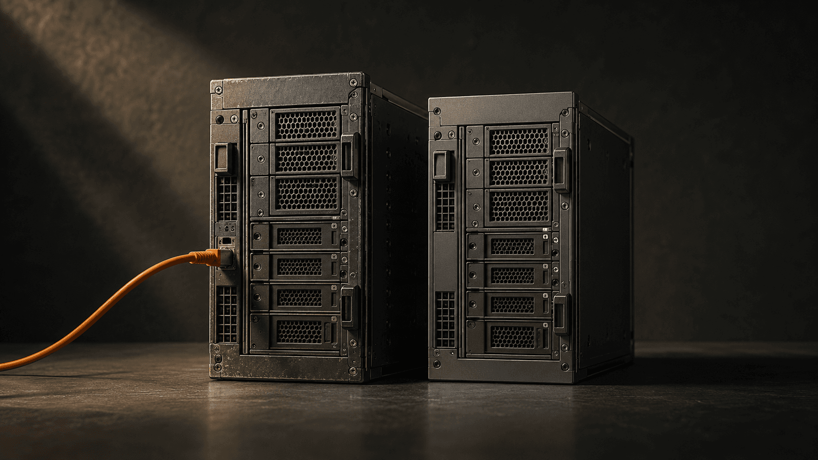 AWS vs Azure cloud platform comparison showing two server rack modules side by side on a graphite surface