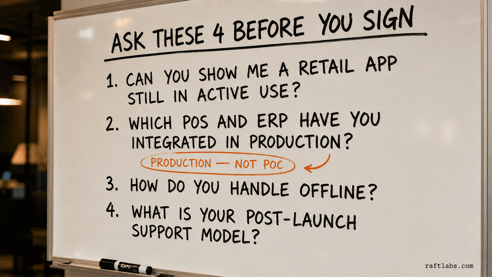 Four questions to ask any retail app development agency before signing - active usage data, production integrations, offline handling, and post-launch support model