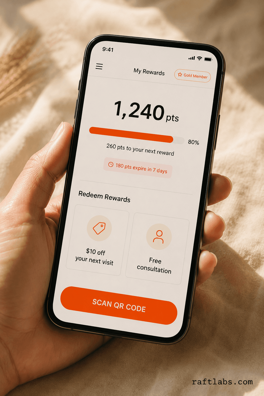 Mobile loyalty app home screen showing points balance of 1240, progress bar to next reward, expiry countdown, and orange QR scan button