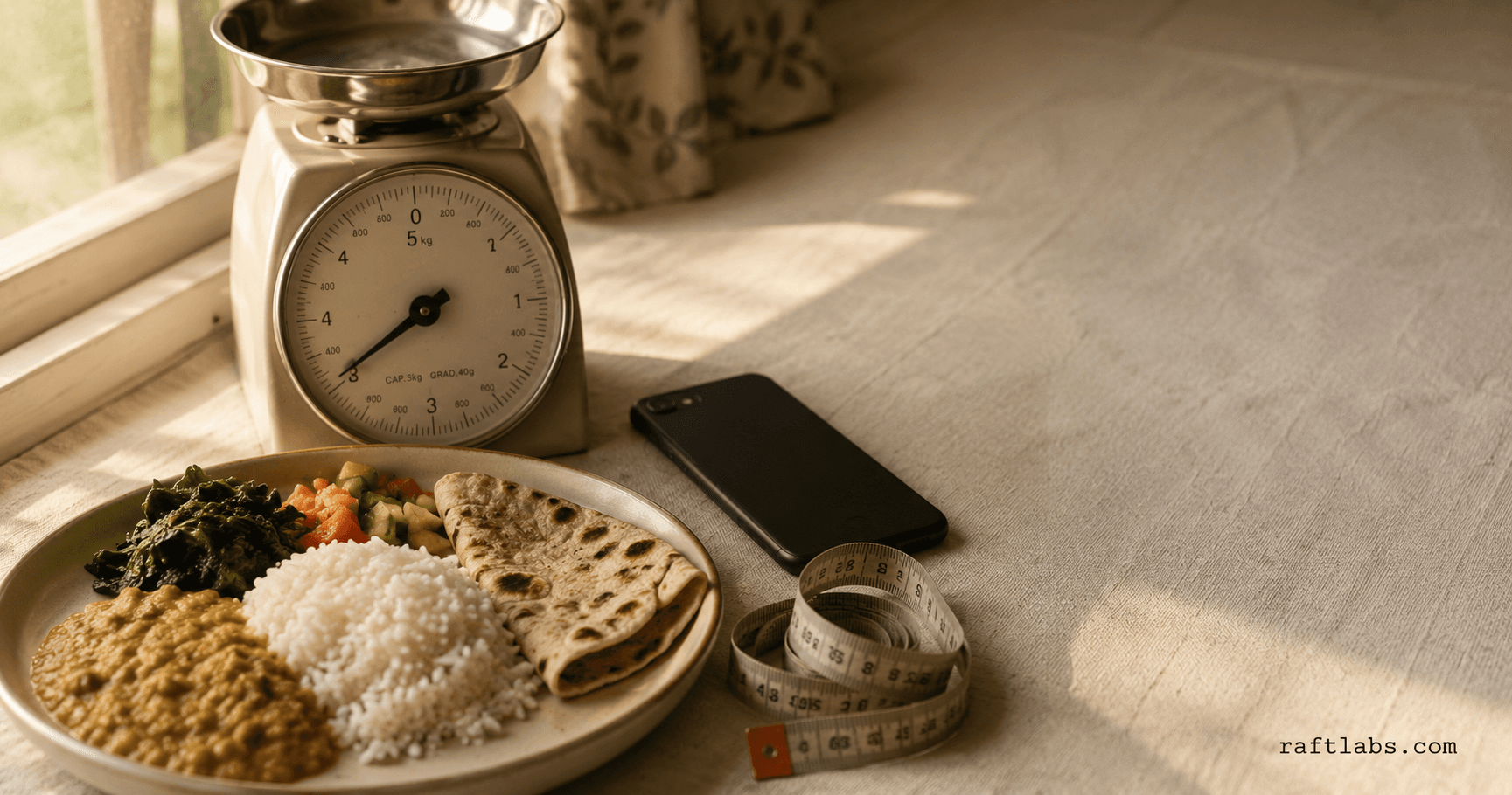 A plate of food, a kitchen scale, and a smartphone face-down on a countertop, evoking photo-based portion estimation
