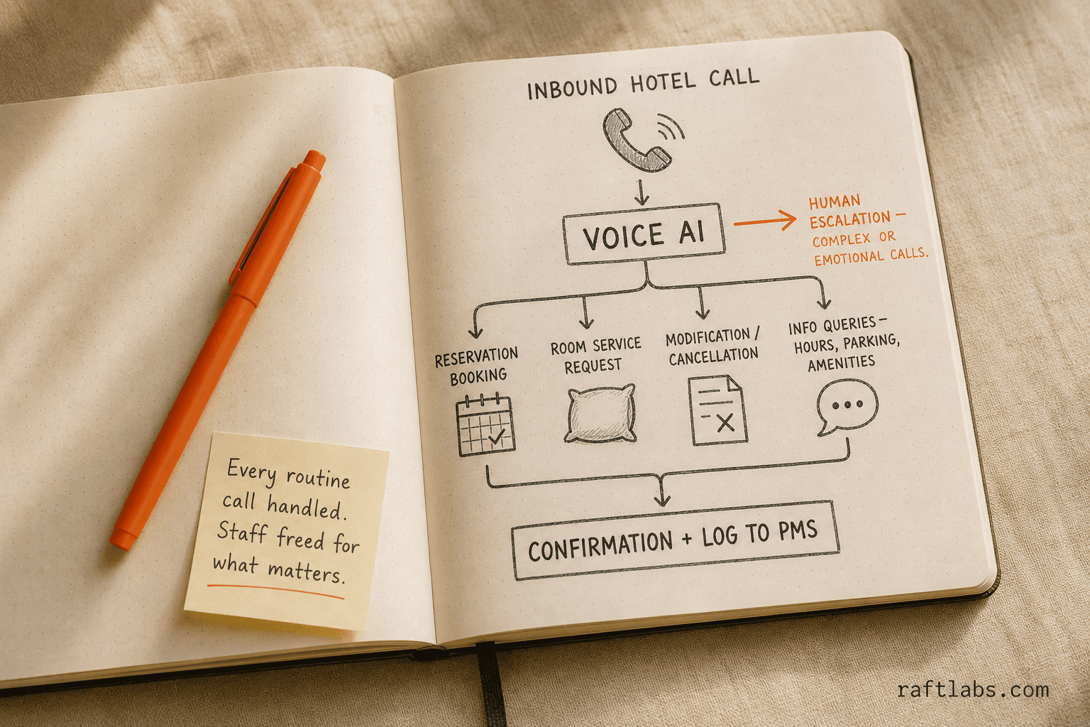 Voice AI hotel call routing diagram — inbound calls split across reservation booking, room service, modifications, and info queries, with human escalation path