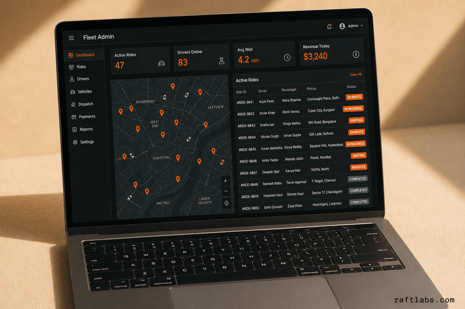 Ride-hailing admin panel showing a live fleet map with driver positions, active ride list, and KPI tiles for rides, wait time, and daily revenue