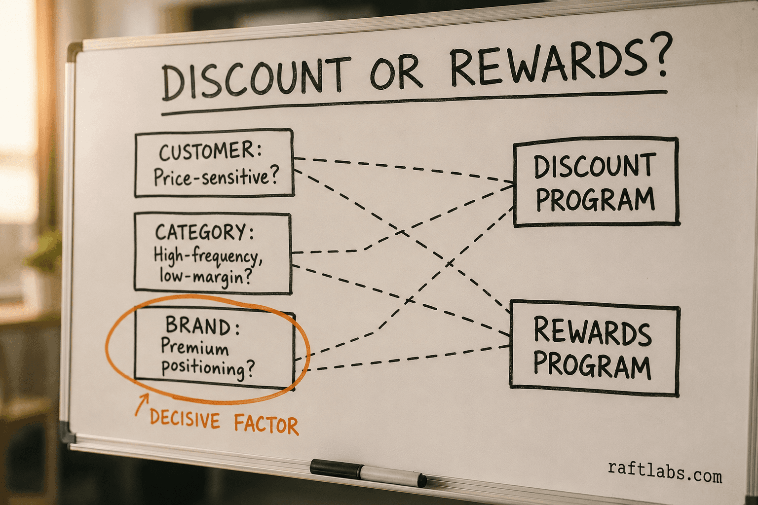 Whiteboard decision framework for choosing between discount-based and reward-based loyalty programs