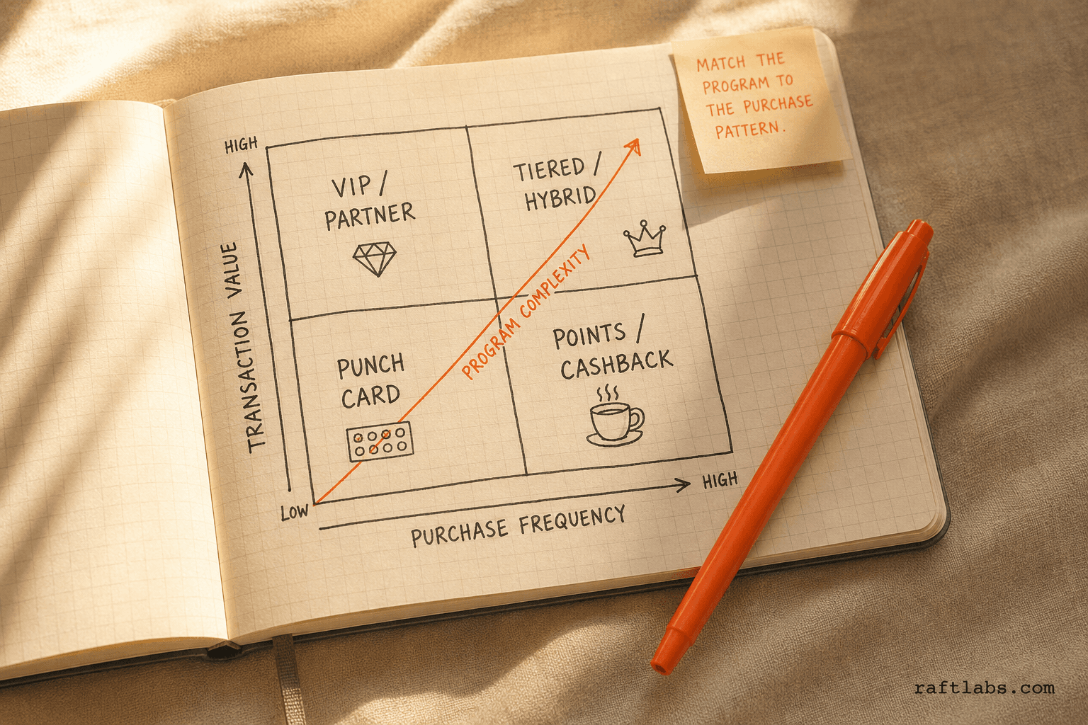 Loyalty program type selection matrix mapping purchase frequency against transaction value