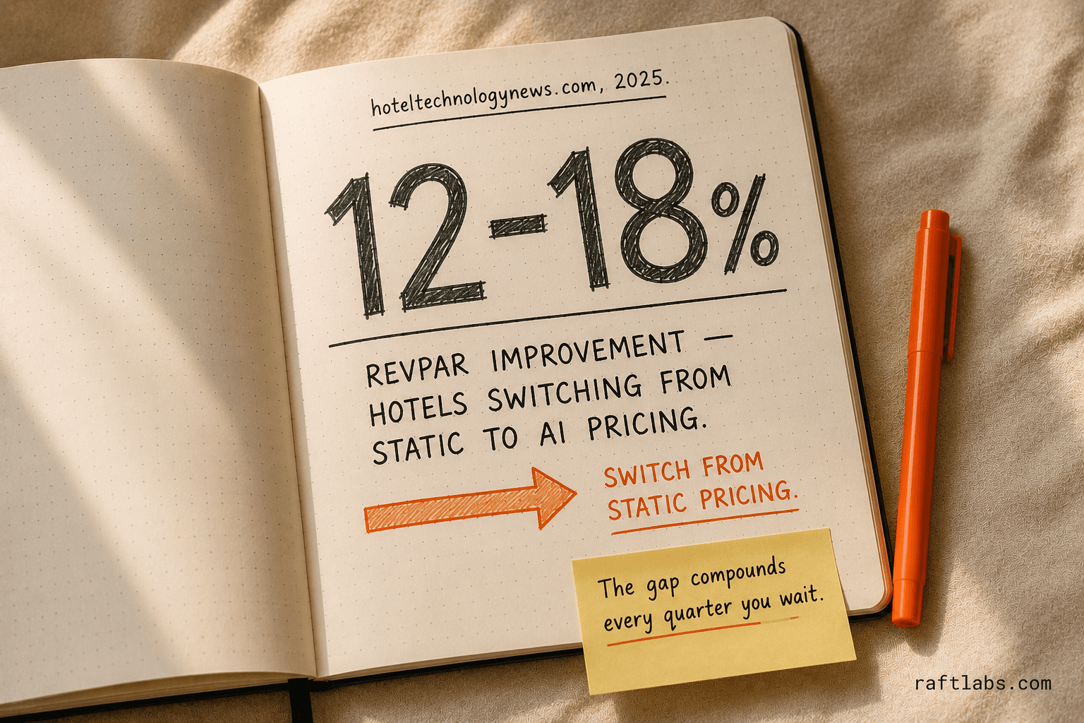 Notebook stat callout showing 12 to 18 percent RevPAR improvement for hotels that switch from static to AI-driven dynamic pricing