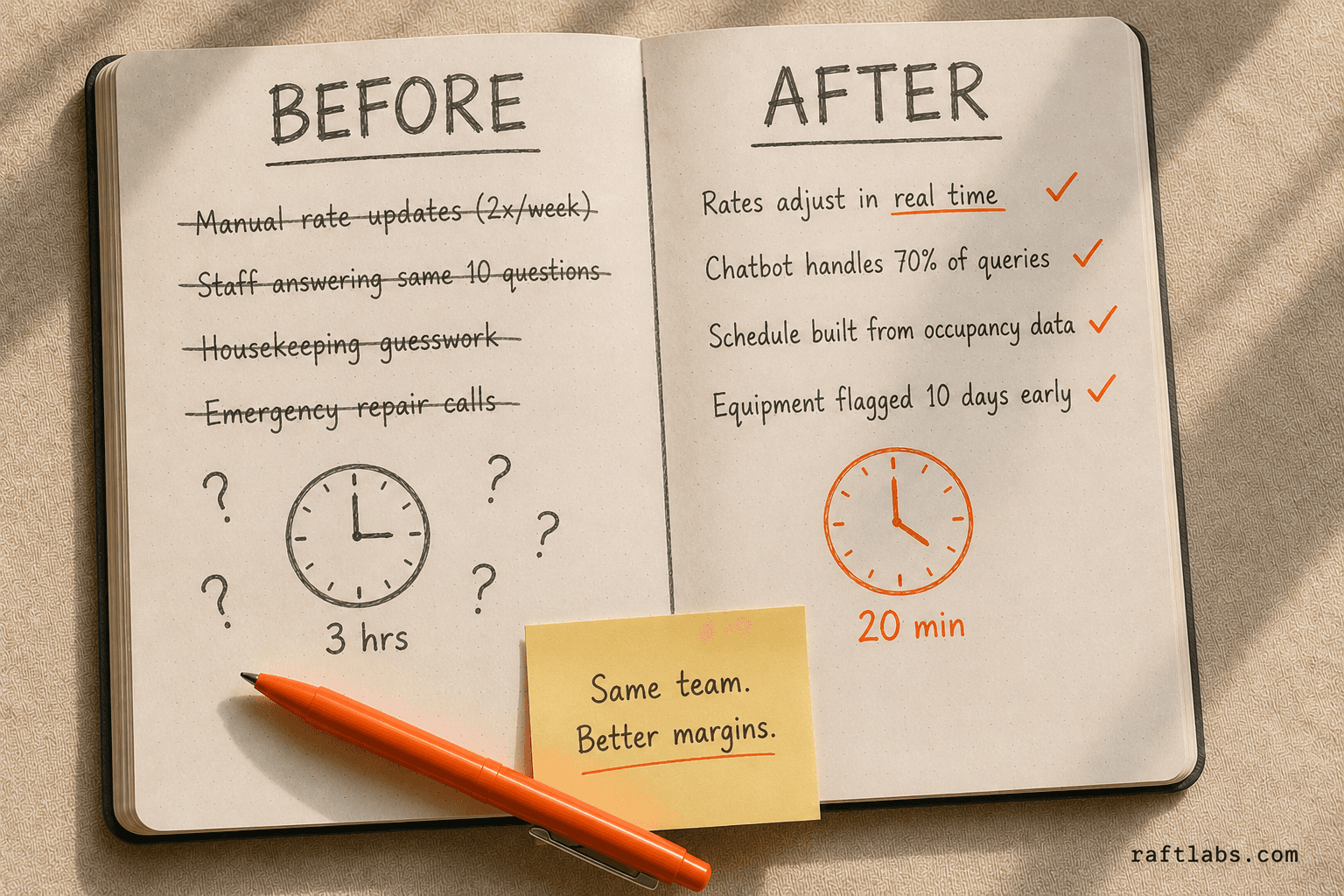 Before and after comparison of hotel operations with and without AI automation