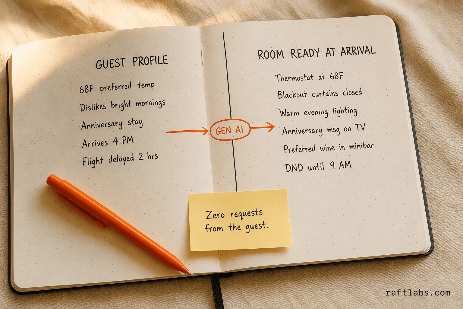 Five guest profile data points flowing through Gen AI into six pre-configured IoT room settings before the guest arrives