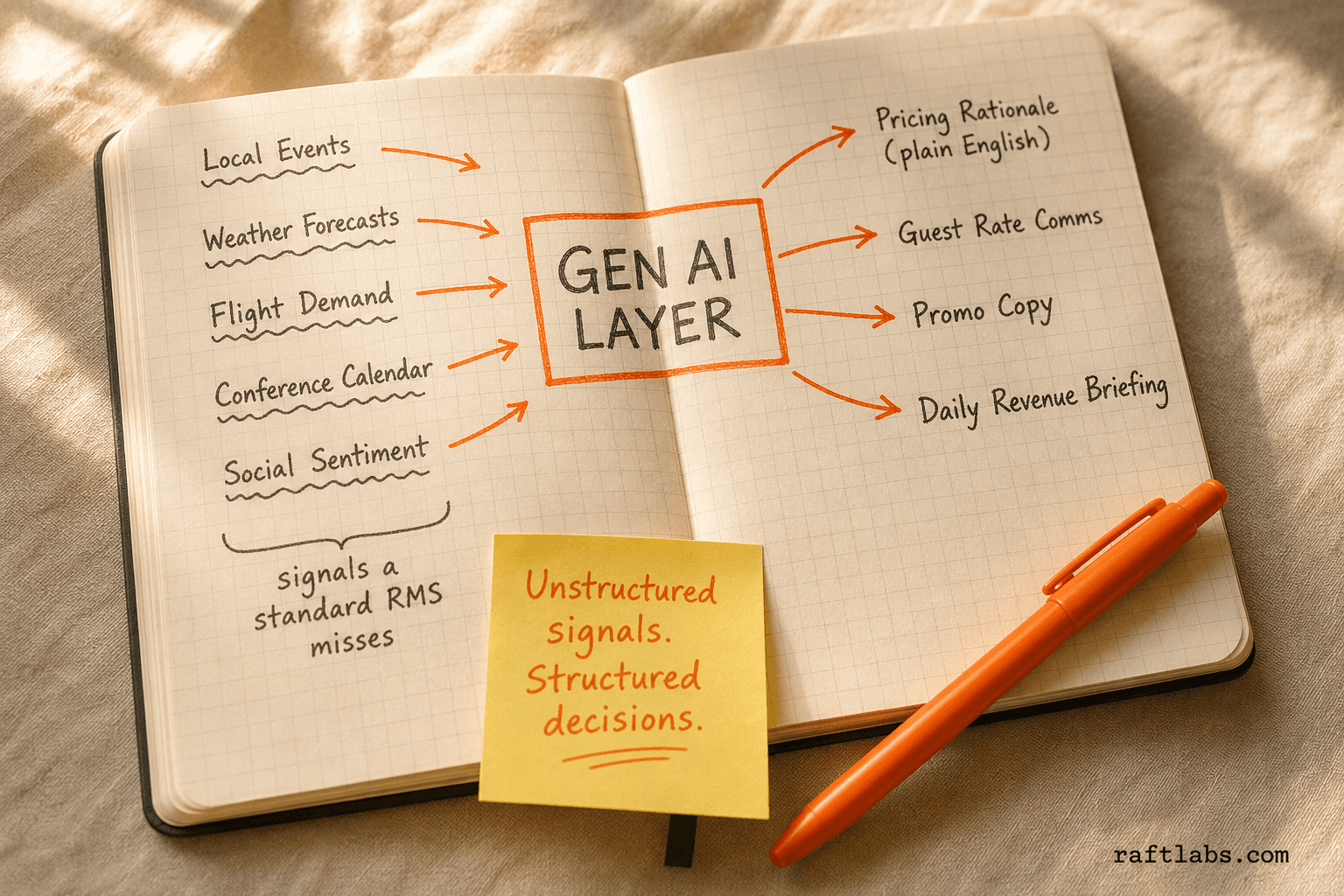 Gen AI layer processing unstructured demand signals - events, weather, flights, social sentiment - into pricing rationale, guest rate communications, and promotional copy