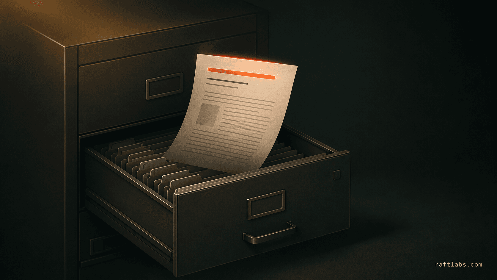 Generative AI for knowledge management: editorial illustration of a filing cabinet drawer open with a glowing document floating above it