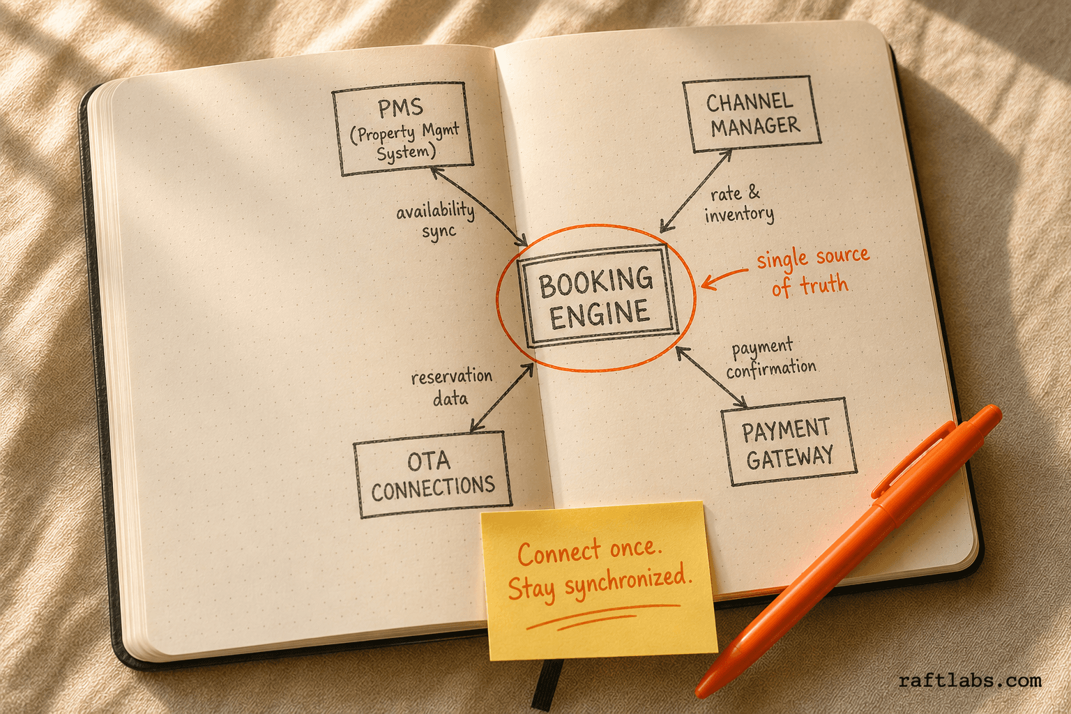 Hotel booking app backend tech stack - booking engine connected to PMS, channel manager, OTA, and payment gateway