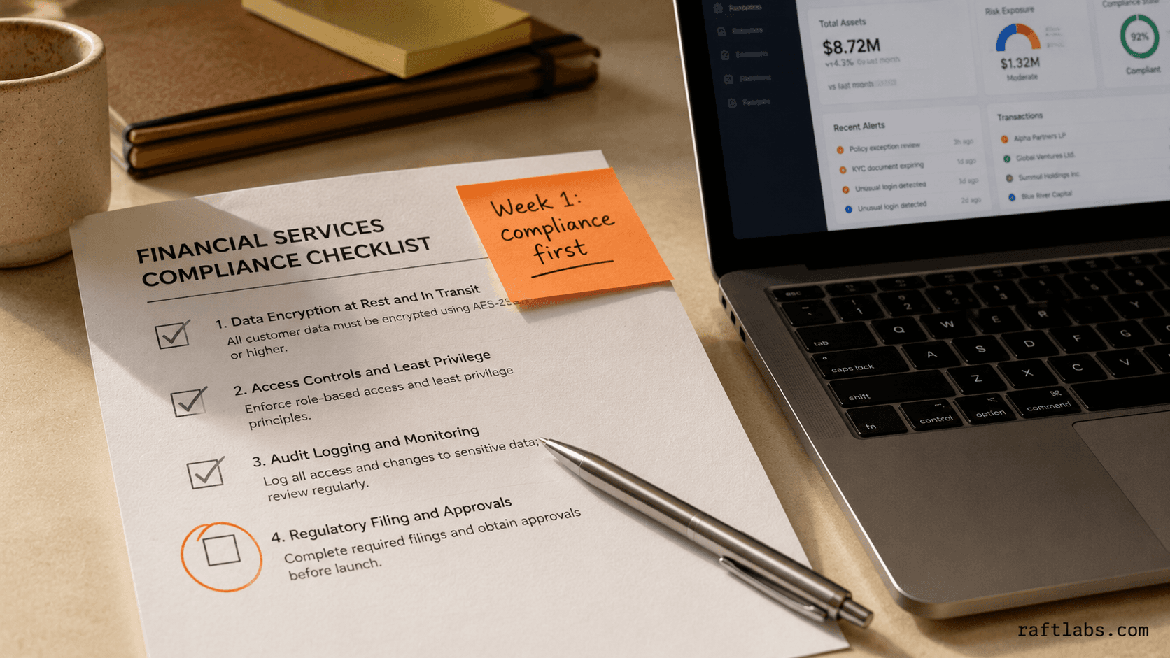 A financial services desk with a compliance checklist, open laptop, and orange sticky note marking week 1 compliance-first decisions