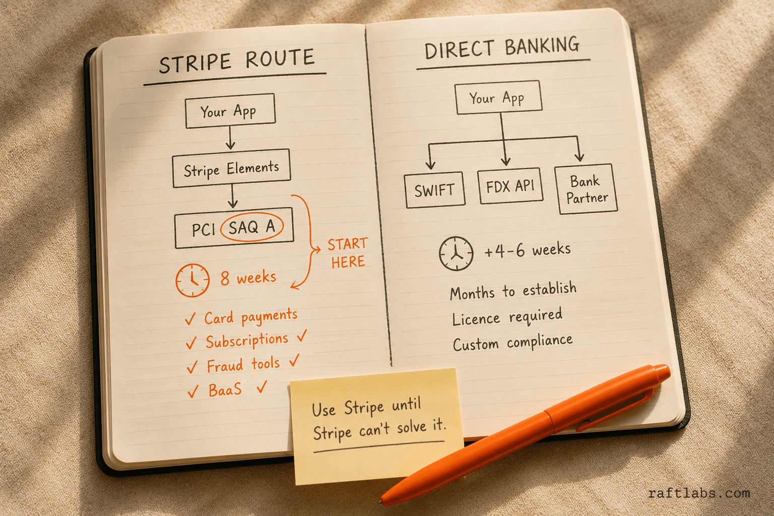 Payment stack decision: Stripe route (8 weeks, PCI SAQ A) versus direct banking APIs (additional 4-6 weeks, banking partner relationships required)
