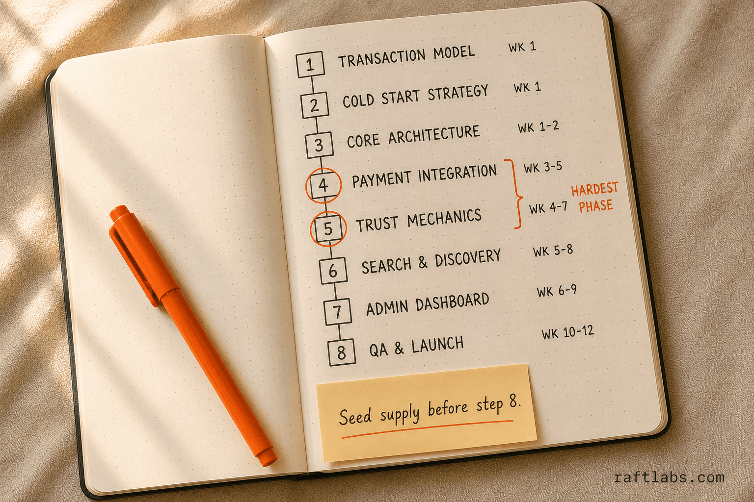 Eight-step marketplace build sequence from transaction model through QA and launch, with weeks annotated per phase