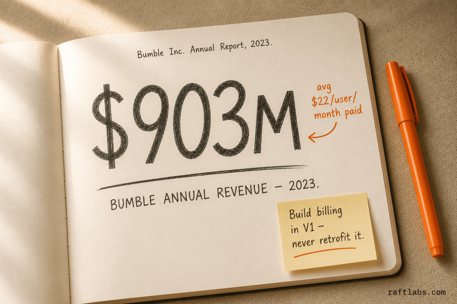 Notebook stat callout showing Bumble's $903M annual revenue in 2023 with annotation showing average $22 per paid user per month