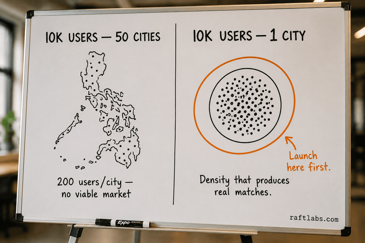Whiteboard diagram comparing 10,000 users spread thin across 50 cities versus concentrated in one city, illustrating the dating app density problem