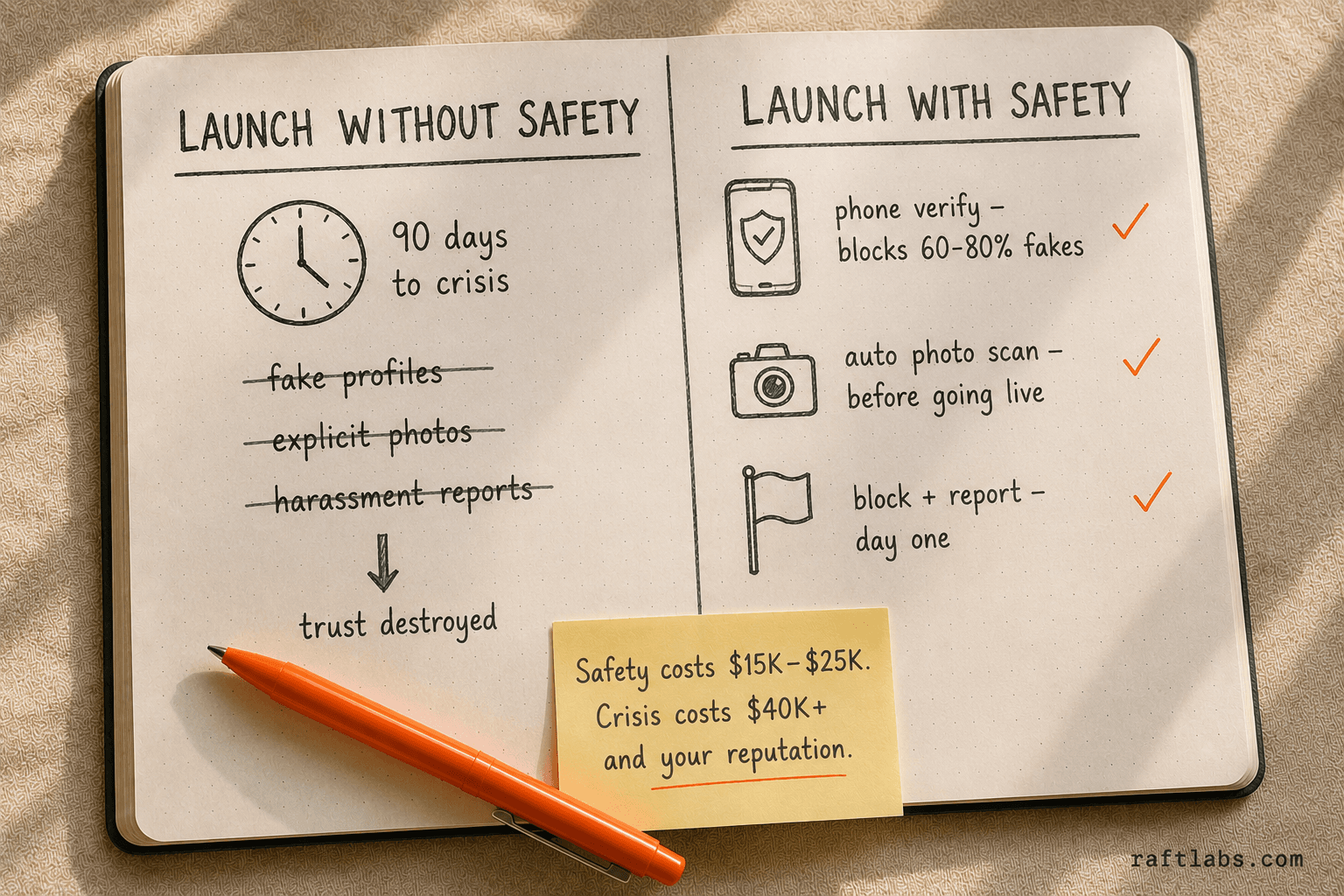Notebook before-after comparison showing dating app launched without safety features leading to a 90-day crisis versus launching with phone verification, photo scanning, and block-report built in
