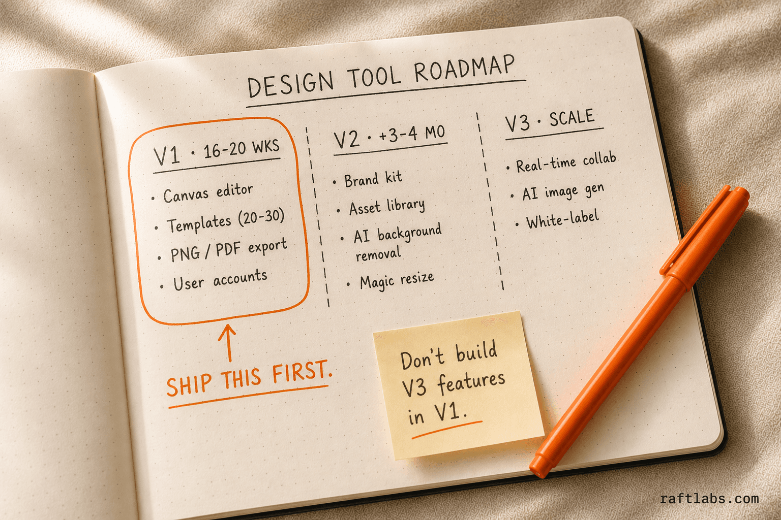 Hand-drawn roadmap showing V1 canvas editor, V2 brand kit, and V3 collaboration features