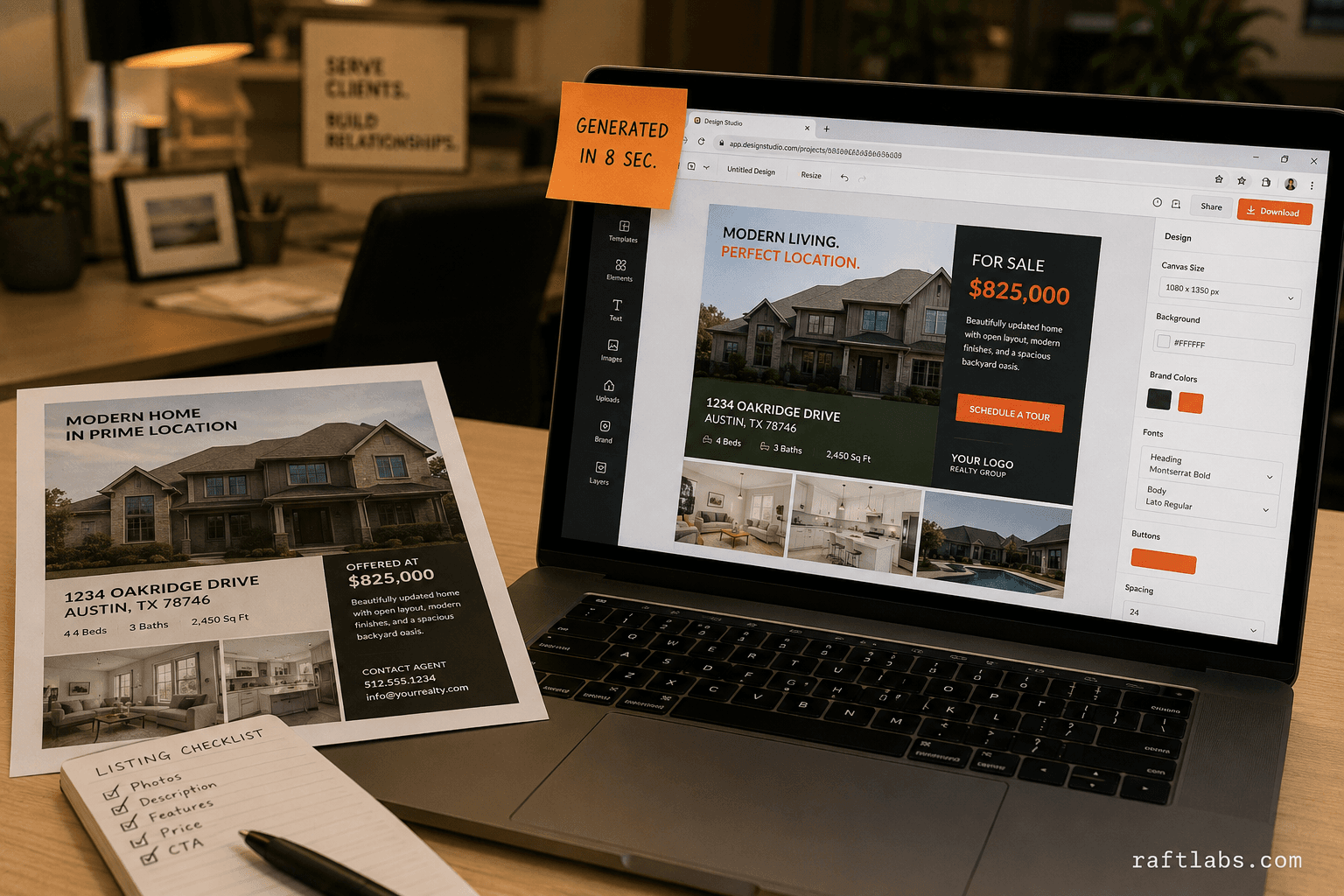 Real estate brokerage desk with listing flyer and design tool on laptop screen