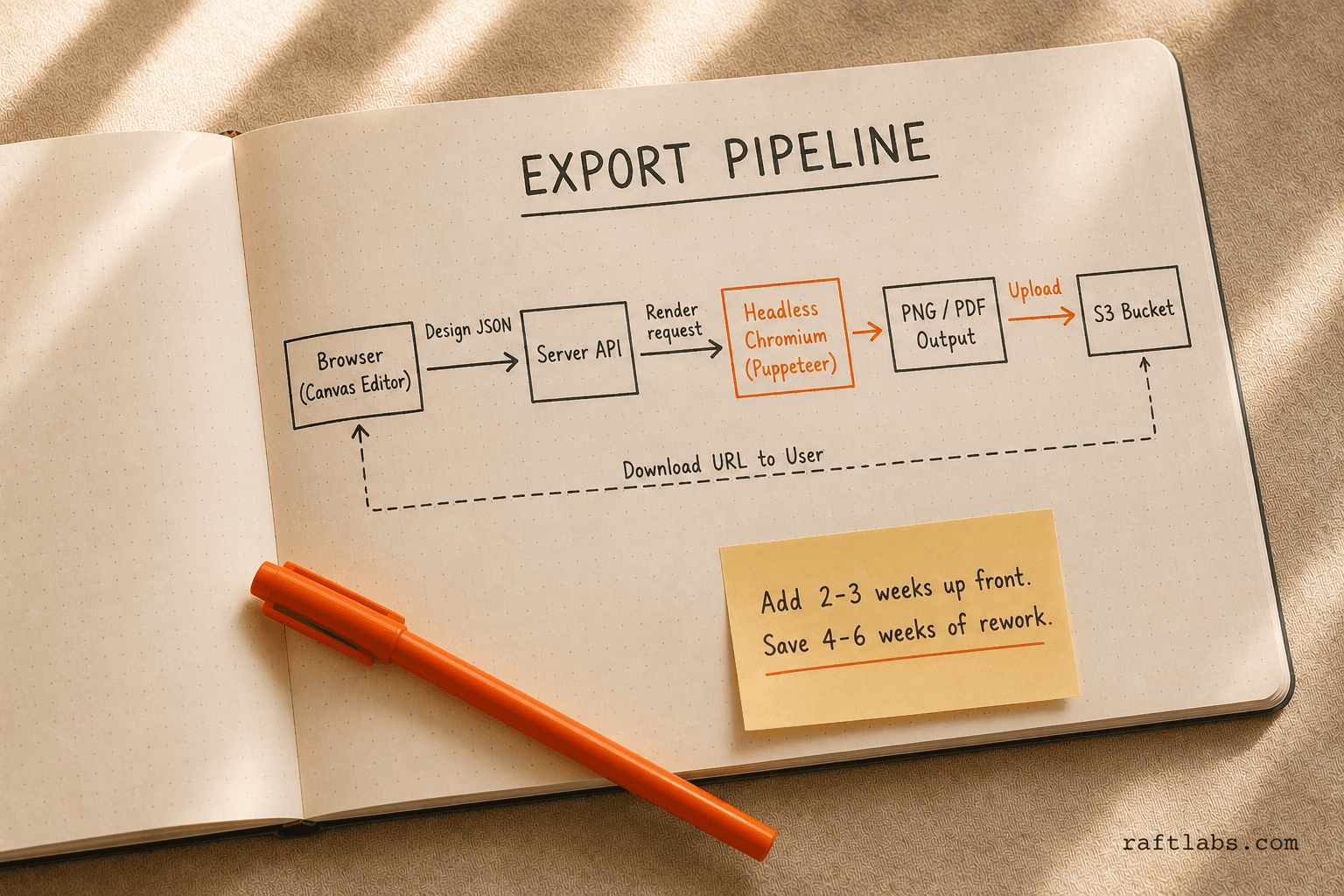 Server-side export pipeline: browser canvas editor sends design JSON to server, Puppeteer renders it, output uploads to S3, user receives a download link