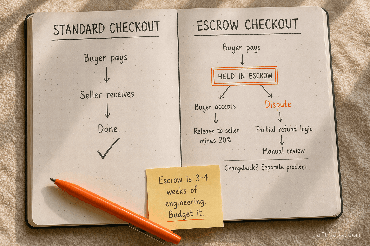 Before and after comparison of standard checkout versus escrow checkout flow showing dispute and partial refund logic