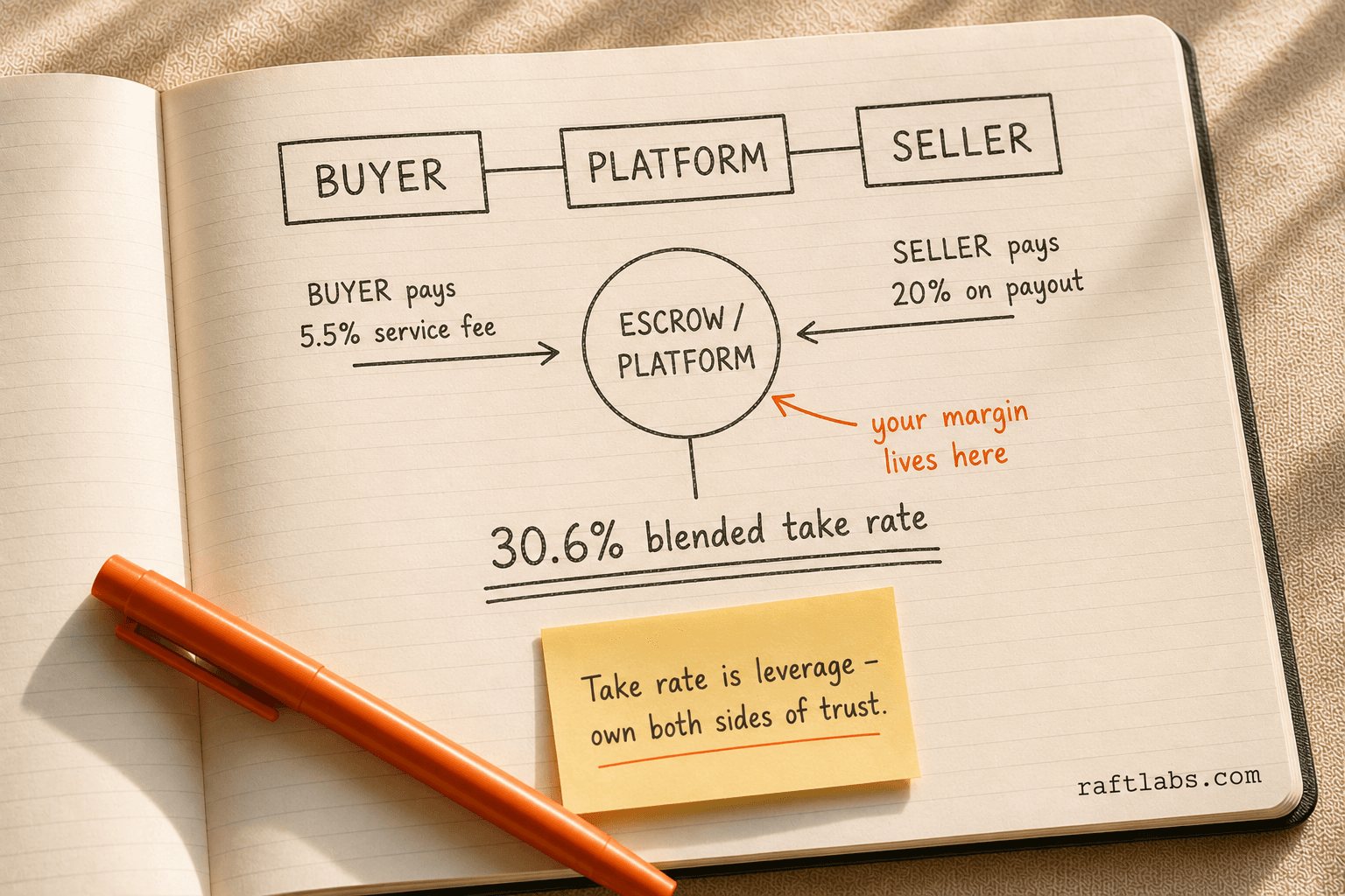 Diagram showing Fiverr's two-sided commission model: buyer service fee, seller commission, and blended platform take rate