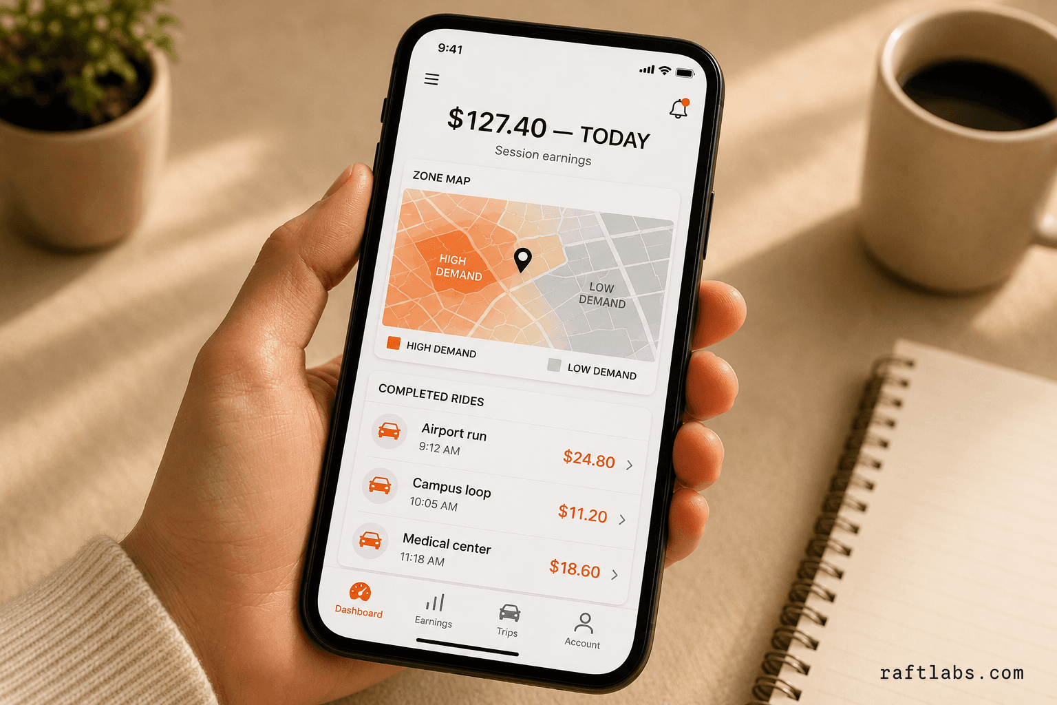 Driver app screen showing session earnings total, demand heat map by zone, and completed ride breakdown