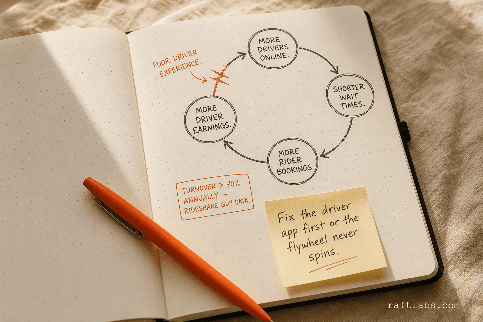 Hand-drawn flywheel diagram showing how poor driver experience breaks the ride-hailing supply loop