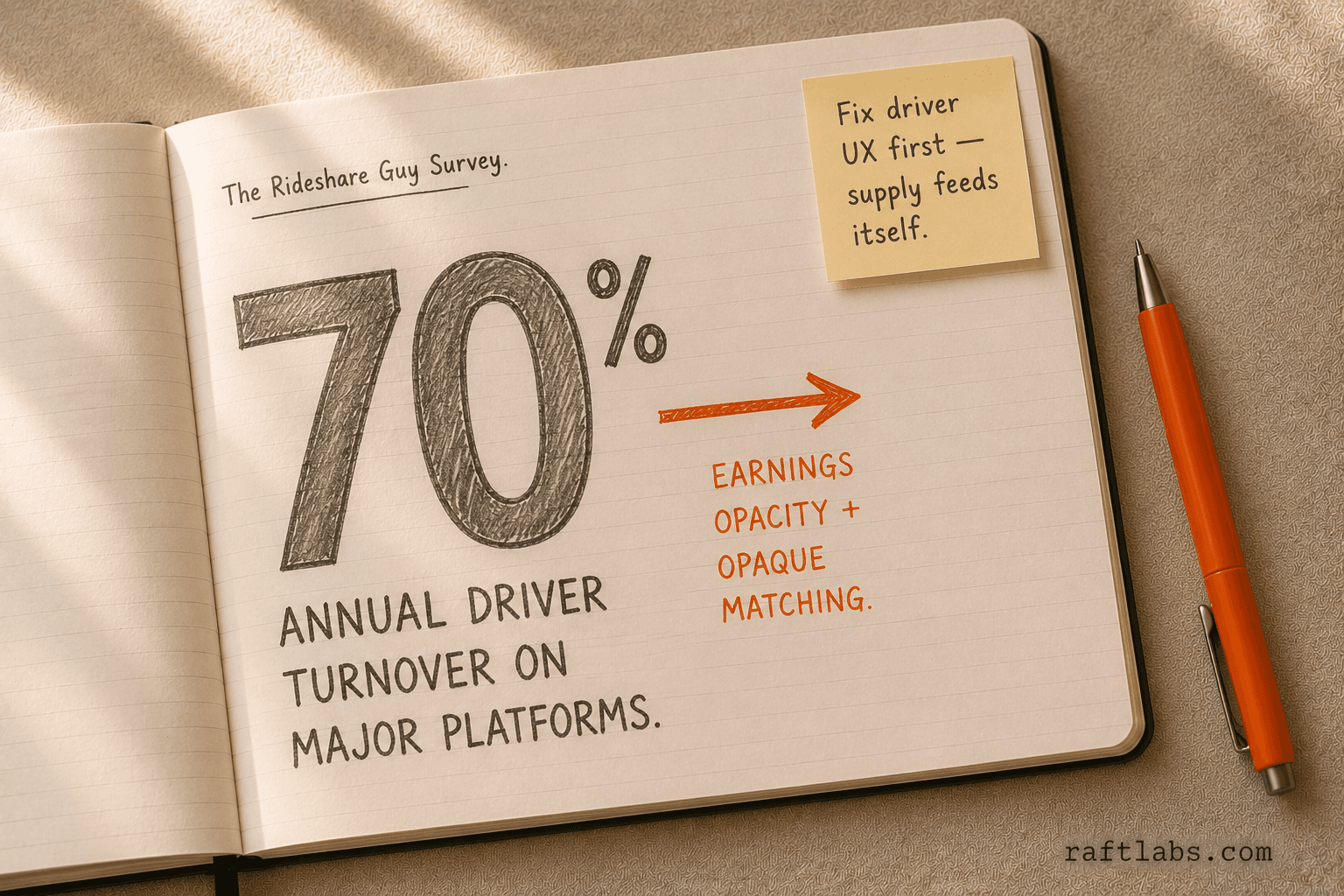 70% annual driver turnover stat — poor earnings transparency and opaque assignment logic are the top two cited reasons