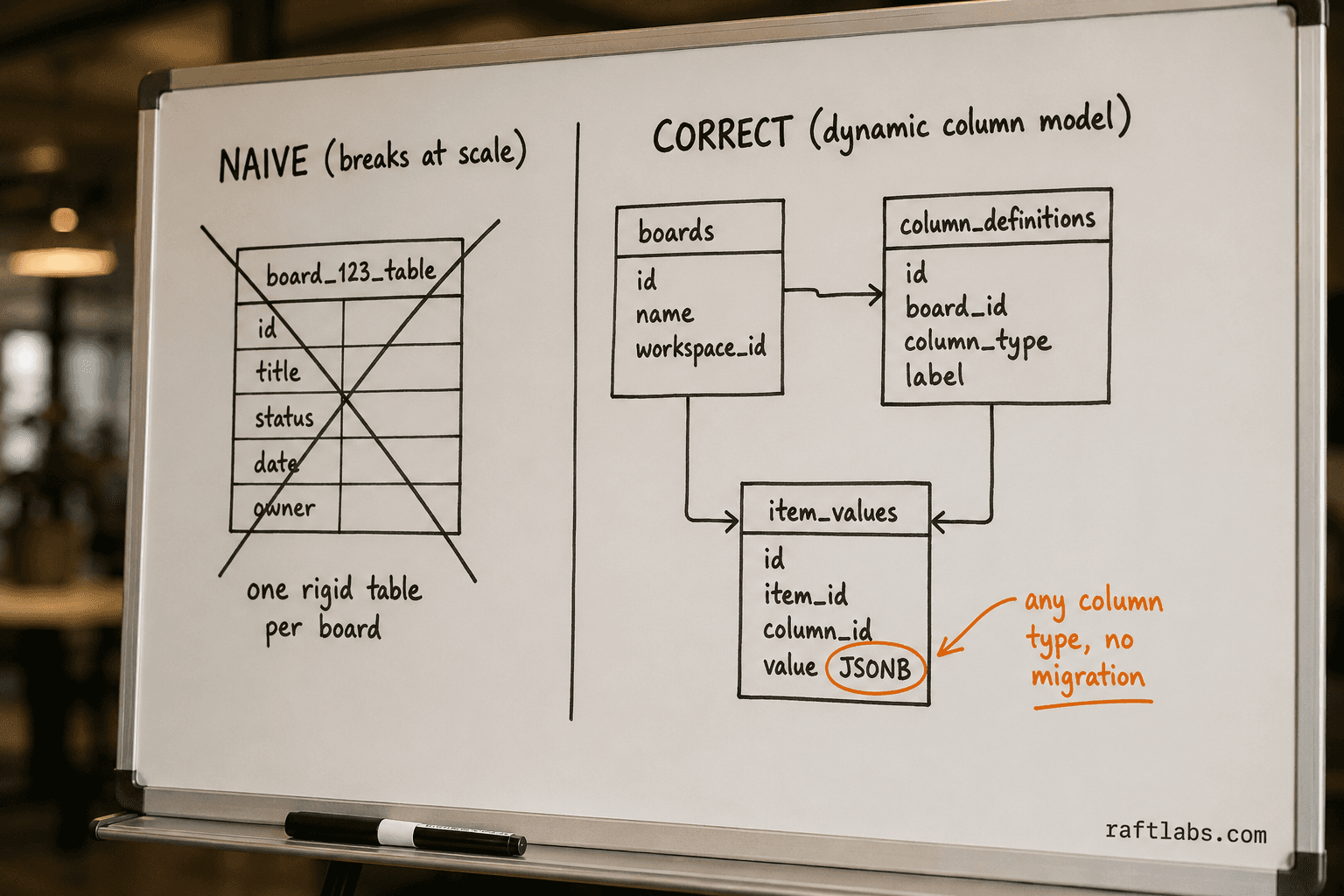 Whiteboard diagram comparing naive per-board database tables versus the correct dynamic column model using JSONB item values