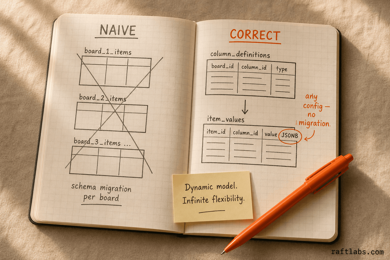 Dynamic column schema model: naive per-board tables versus the correct JSONB item-values approach that allows any column configuration without database migrations