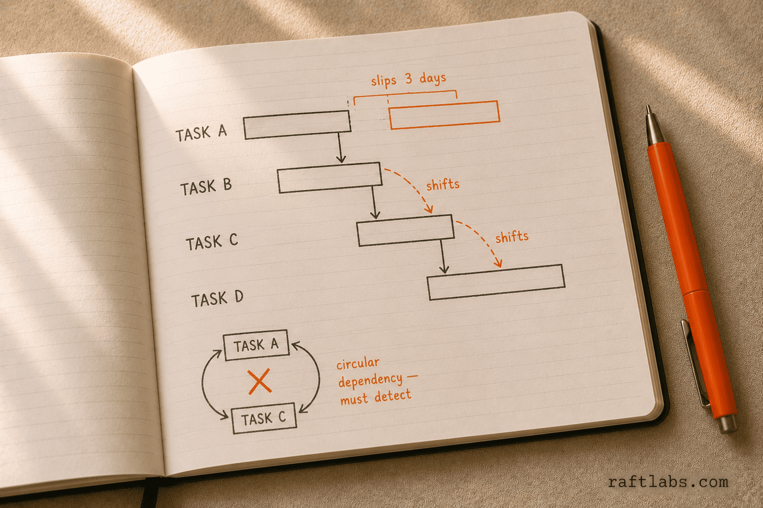Gantt dependency cascade diagram: task A slipping three days triggers a cascade through tasks B, C, and D, with circular dependency detection required to prevent infinite loops