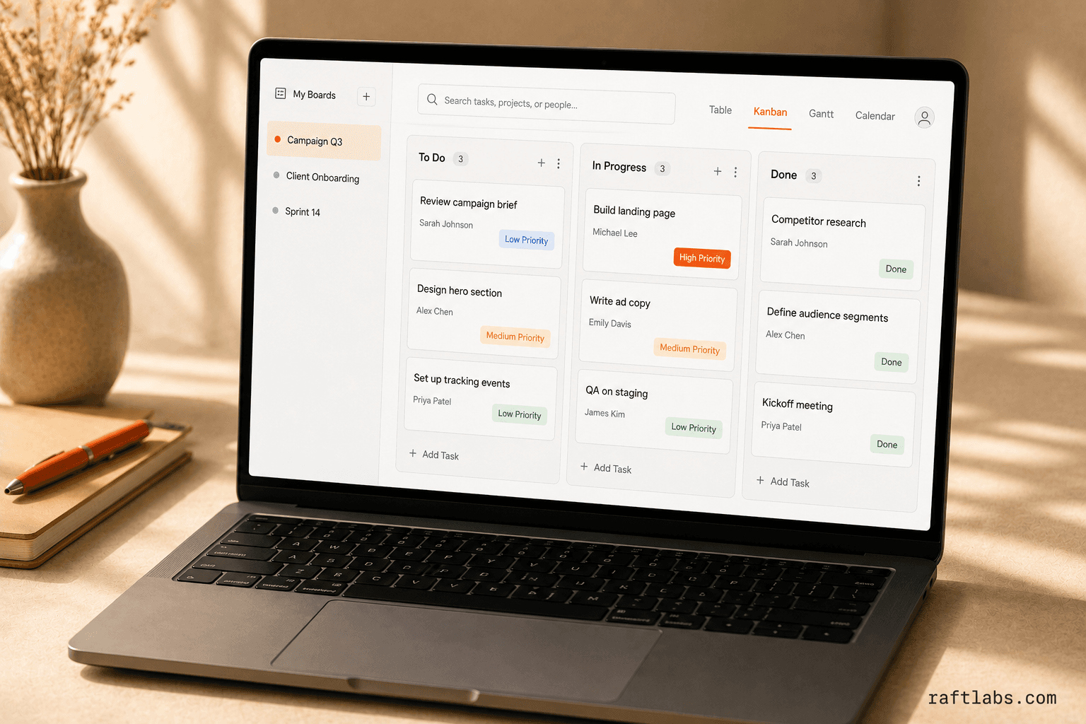 Custom work management platform UI showing Kanban board with task cards, view switcher tabs, and sidebar board navigation