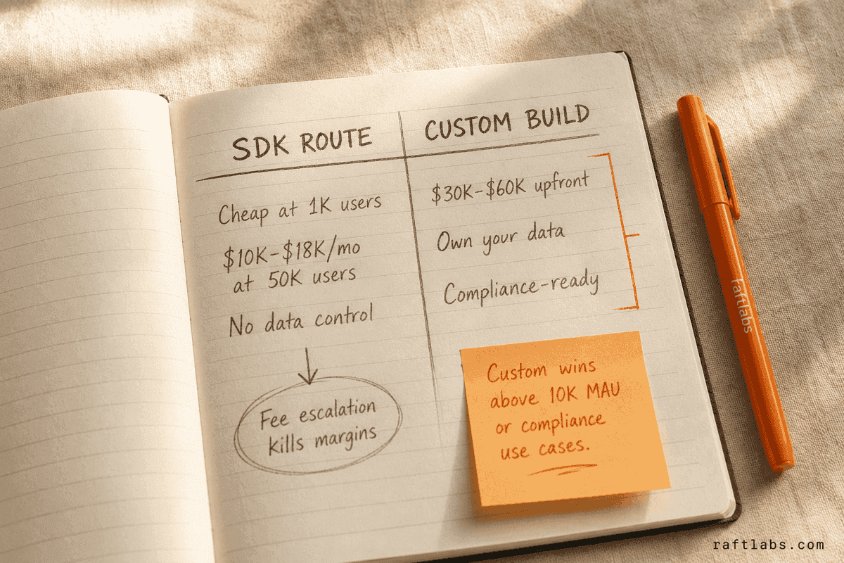 Notebook comparison of SDK route versus custom messaging app development with cost breakdowns and decision criteria