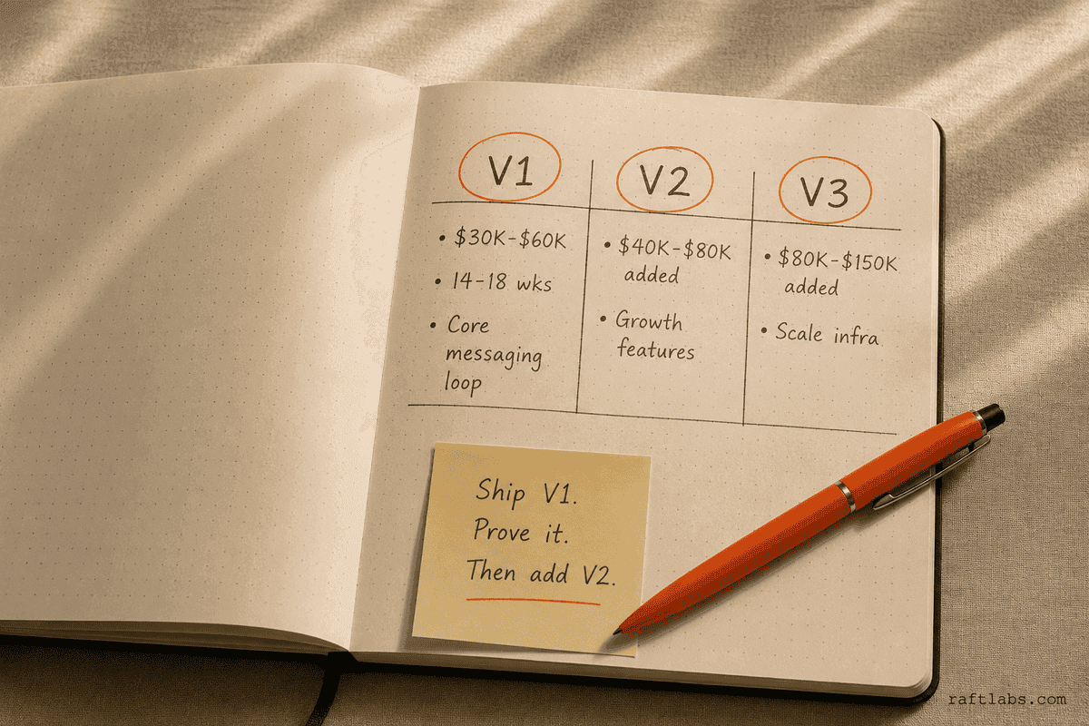 Notebook diagram showing three phases of messaging app development with cost and timeline per phase