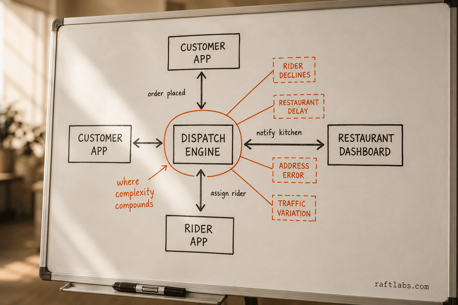 Delivery dispatch system showing four parties — customer app, dispatch engine, rider app, and restaurant dashboard — with four edge case exception paths in orange
