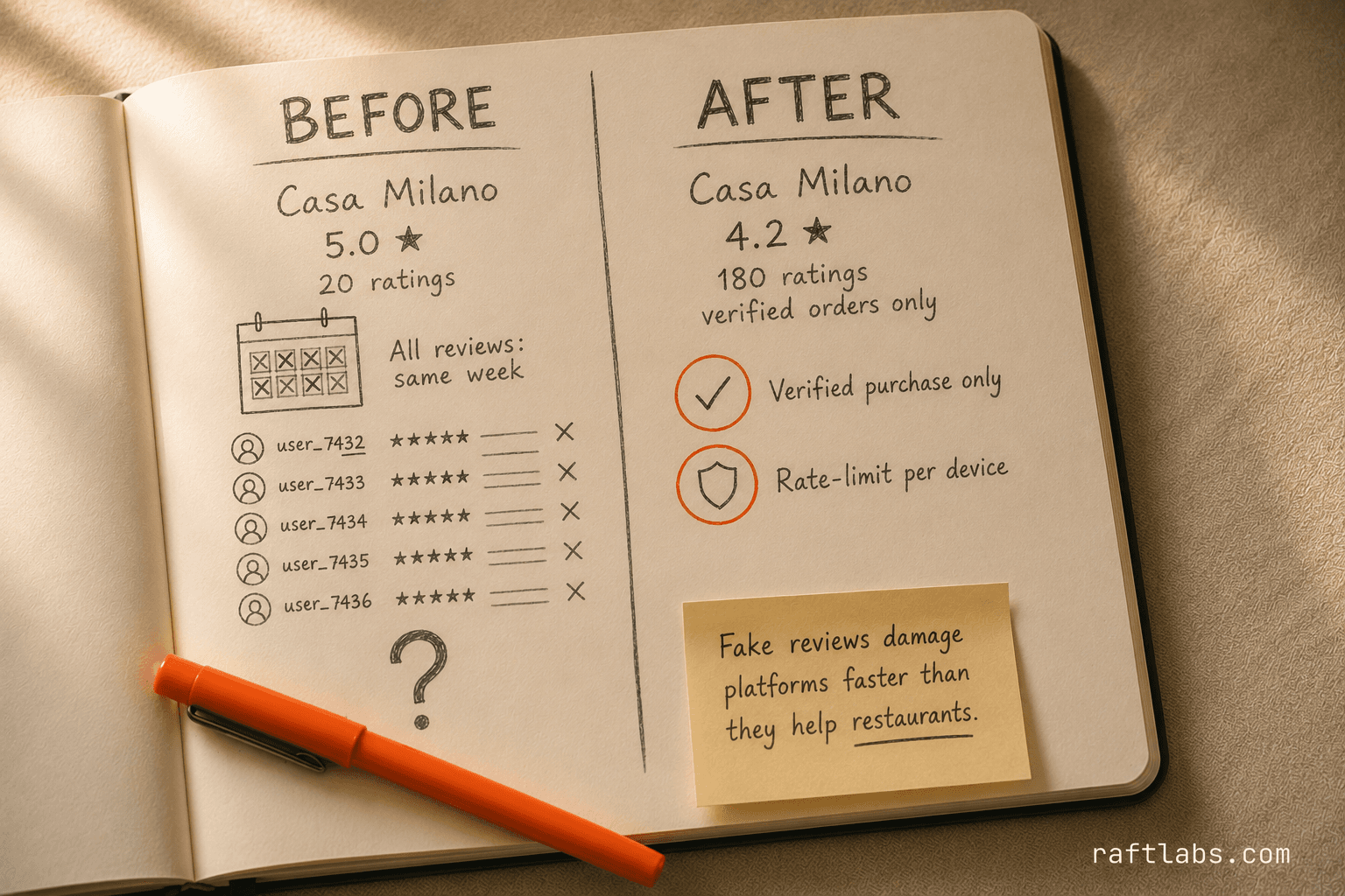 Before and after comparison of fake reviews versus a verified-order-only rating system