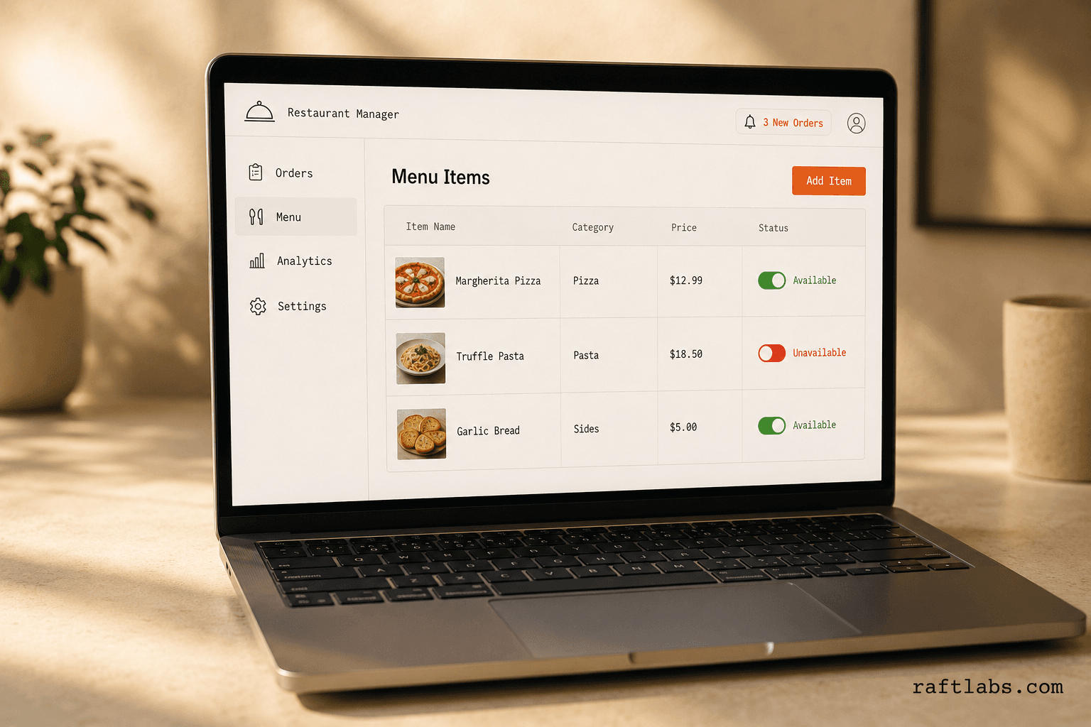 Restaurant dashboard UI showing menu management with item availability toggles