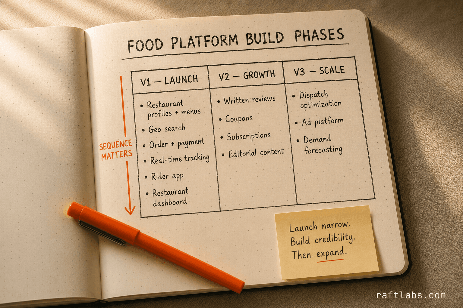 V1 V2 V3 phasing diagram for a food delivery platform build