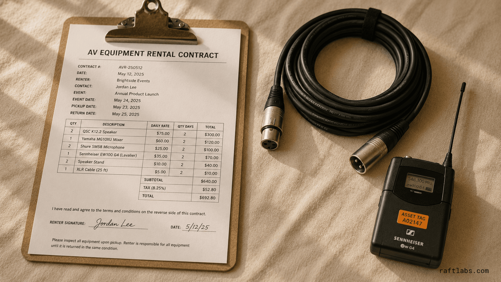AV rental management software dashboard showing serialized equipment inventory and event booking calendar