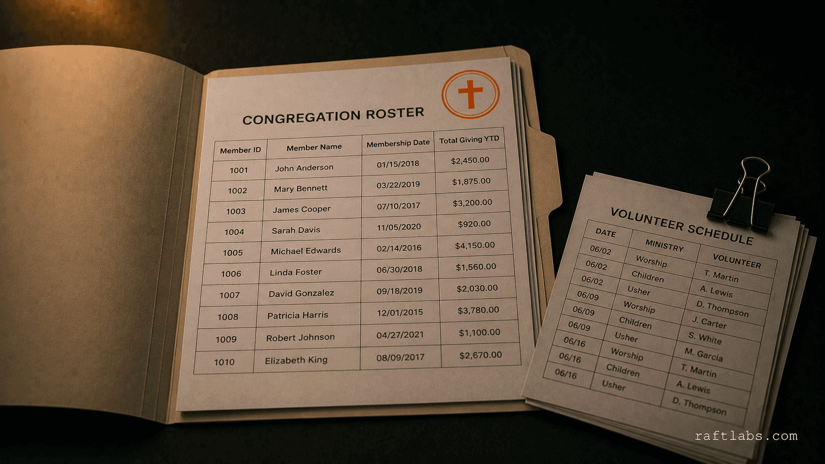 Church administrator using management software on a tablet to track giving and ministry attendance