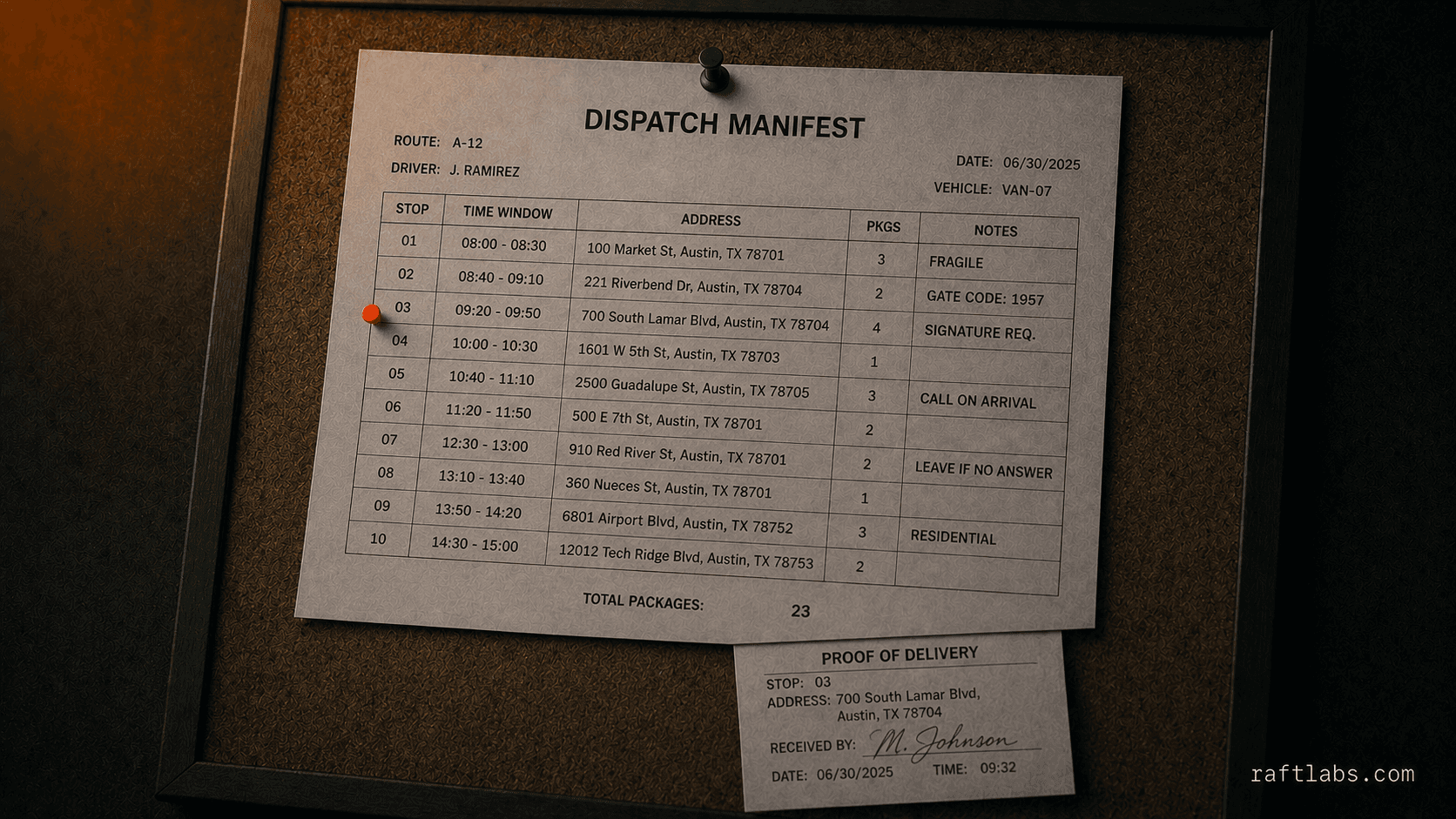 Dispatcher screen showing route optimization map with driver pins and delivery stop sequence for a last-mile courier fleet