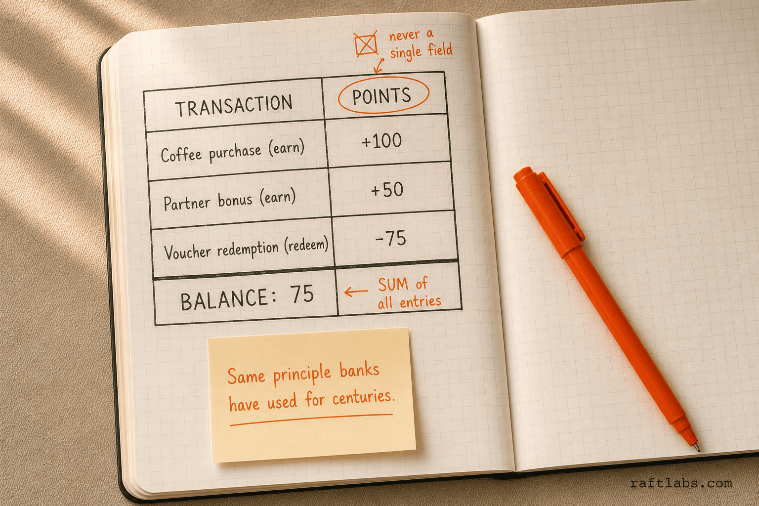 hand-drawn double-entry ledger notebook showing earn credits, redeem debits, and balance as the sum of all entries