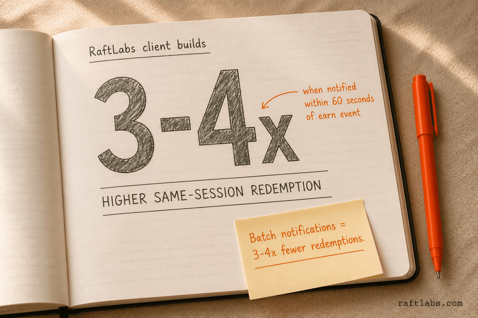 notebook stat callout showing 3-4x higher same-session redemption when loyalty push notifications are sent within 60 seconds of an earn event