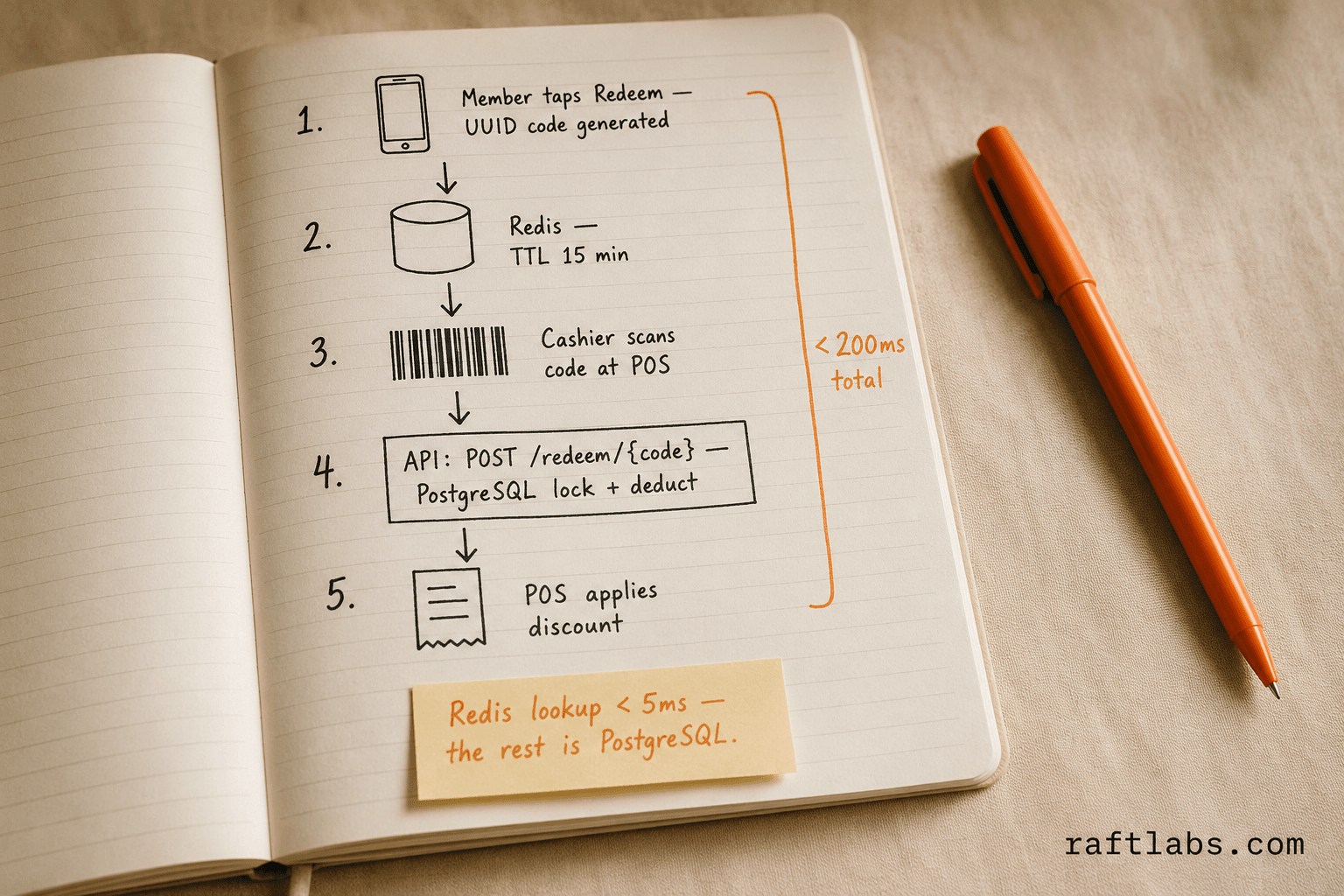 hand-drawn notebook flow diagram showing the five-step loyalty redemption process from member app through Redis and POS to discount applied in under 200ms