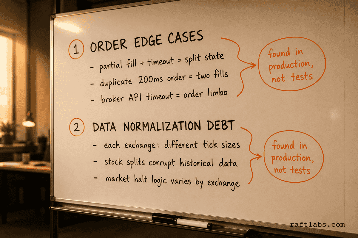 Two main failure modes in trading platform projects: order edge cases and data normalization debt