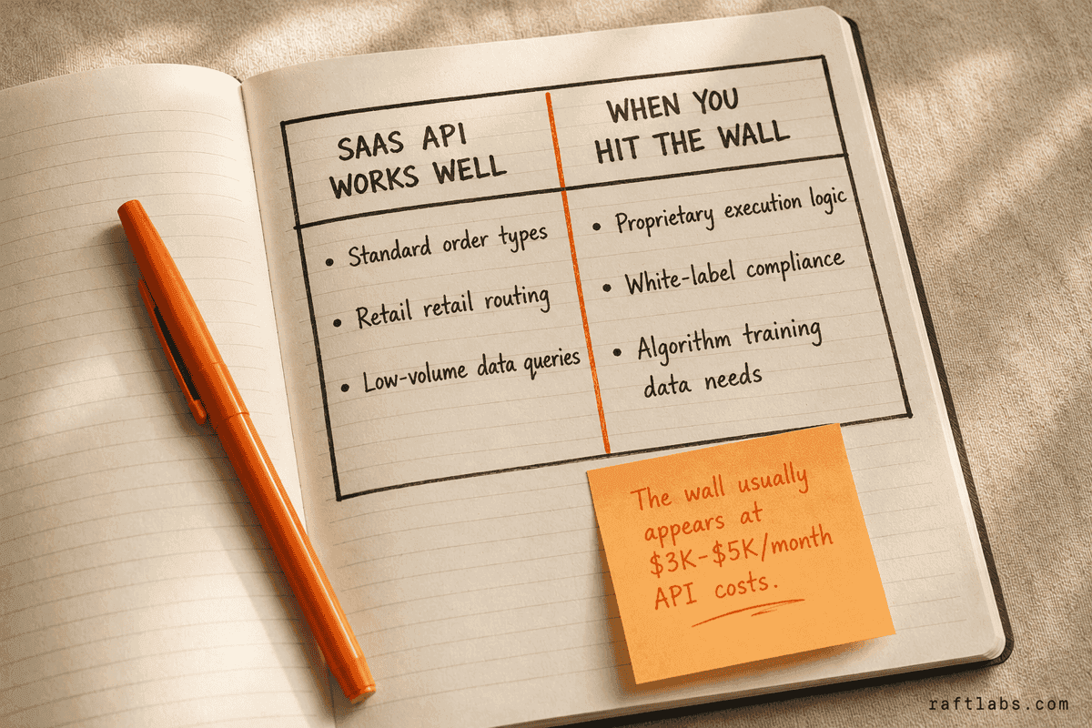 Custom trading software vs SaaS API comparison — showing where Interactive Brokers, Alpaca, and TD Ameritrade hit their limits