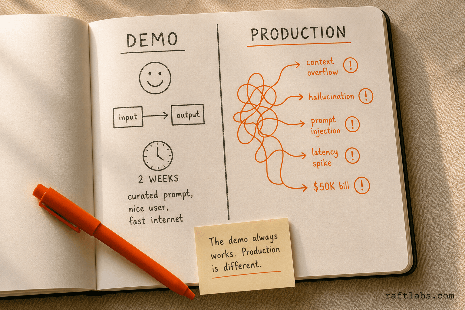 Before/after notebook sketch comparing a smooth LLM demo environment with the 6 production failure modes: context overflow, hallucination, prompt injection, latency, cost overruns