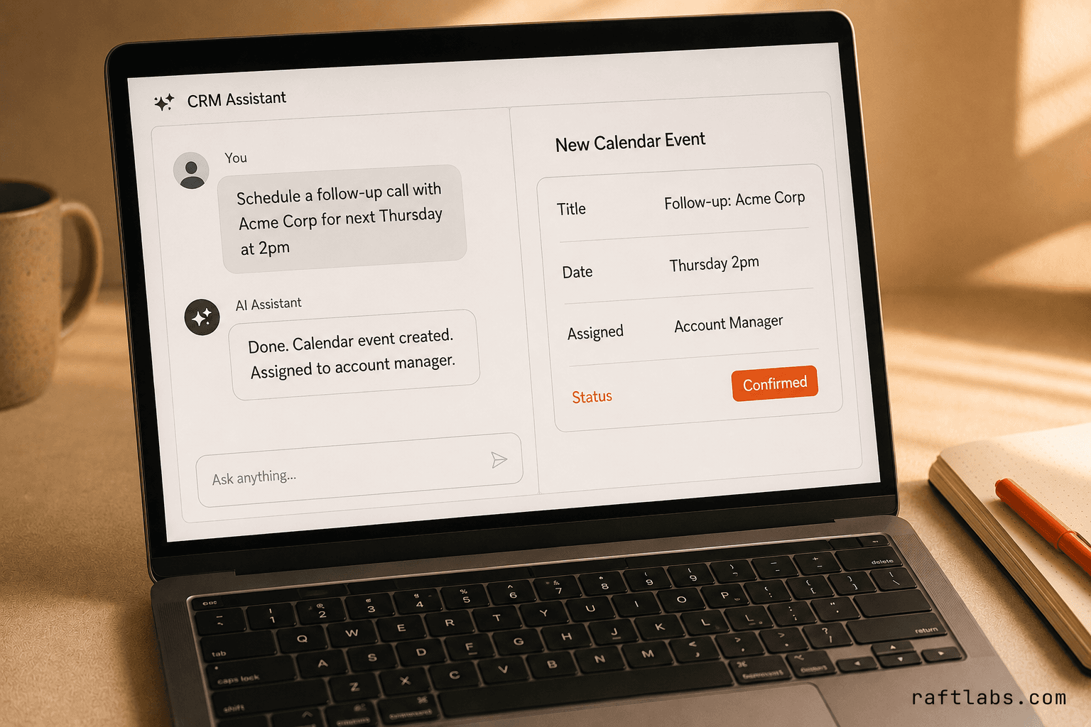 CRM assistant using function calling to create a calendar event from a natural language command, showing the structured result returned to the user