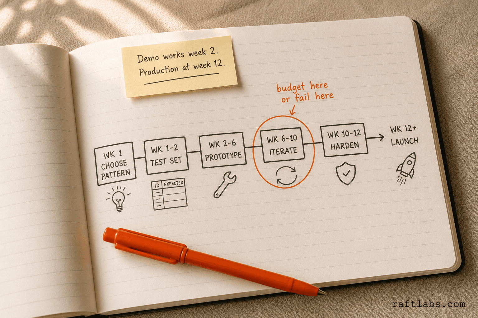 Hand-drawn project timeline spanning six phases from choosing the pattern through launch, with the iteration phase circled in orange as the critical budget point